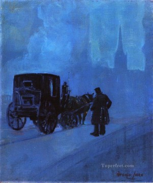ジョージ・ラックス Painting - 霧の夜 ジョージ・ラックスの街並みのストリートシーン